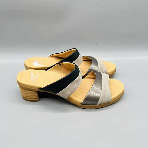Dansko Shoes - Dansko Sandals Women 7.5 Black Silver Leather Slide Low Block Heel Shoes Comfort